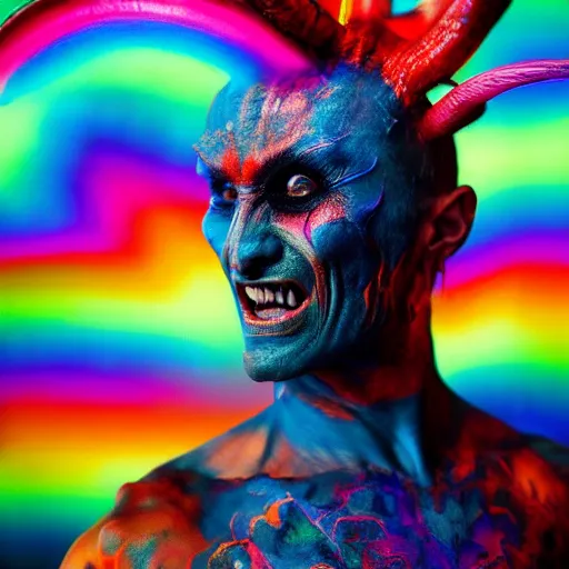 Prompt: a demon inspired by a rainbow created by the make up artist hungry, photographed by andrew thomas huang, cinematic, expensive visual effects