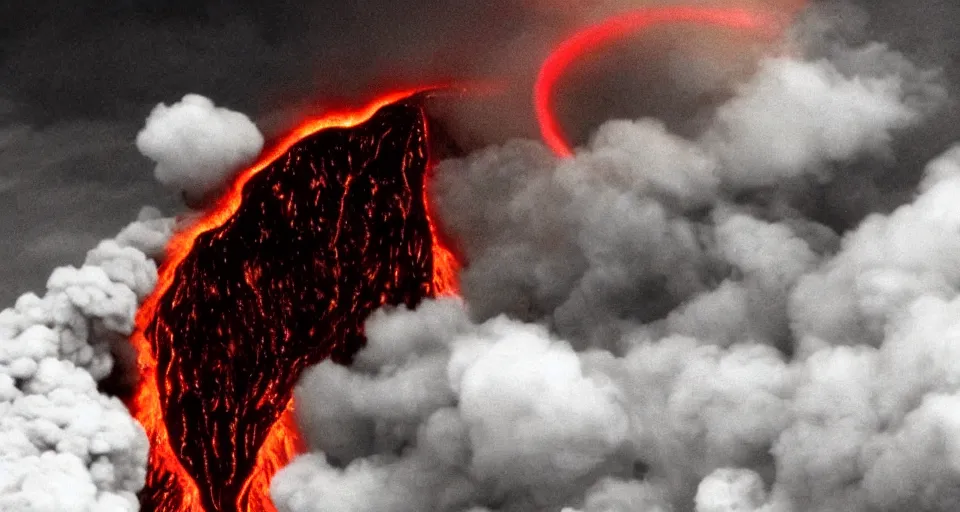 Image similar to a volcano made of ivory vines and crimson rocks enters in eruption, it spits a smoke in the shape of demonic eye, from Berserk