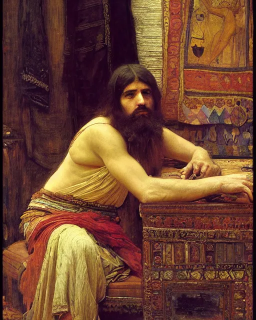 Prompt: a an exhausted artist in his studio orientalist intricate portrait by john william waterhouse and edwin longsden long and theodore ralli and nasreddine dinet, oil on canvas. cinematic, hyper realism, dramatic lighting, high detail 8 k