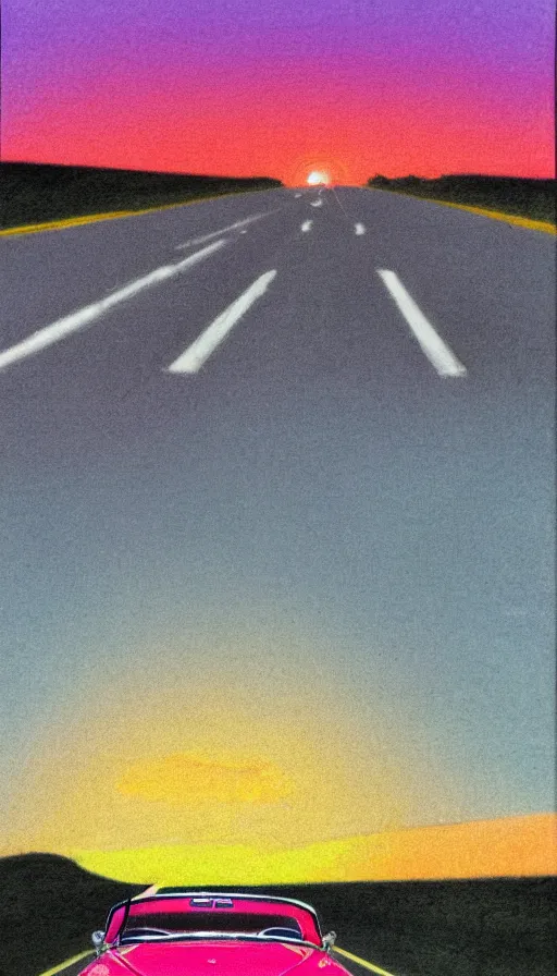 Prompt: polaroid of a 1 9 6 3 red cadillac convertible in the distance driving down empty highway into a pink sunrise, oil pastel, high detail, realistic, vintage