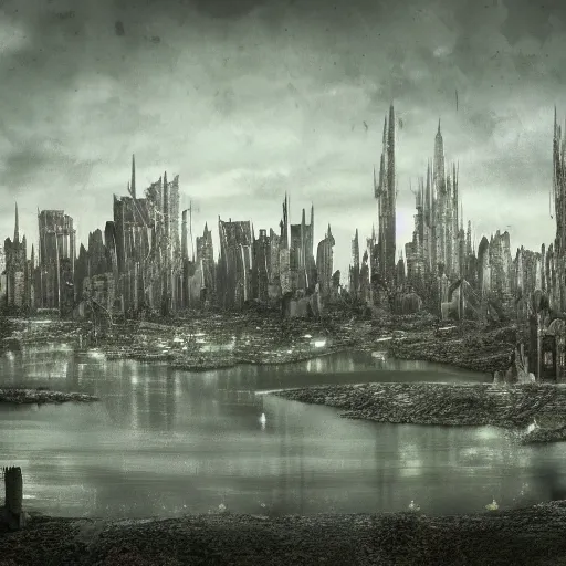 Image similar to city by lake, carcosa, eldritch, white sky, black stars, king in yellow, matte painting