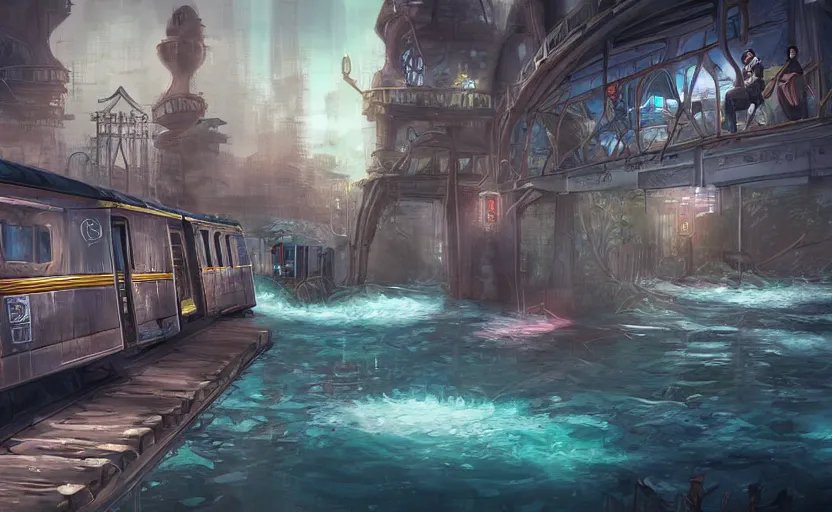 Image similar to An urban train rides inside of a waterway on a fantasy city. Fantasy and concept art, colorful digital painting, unreal engine.