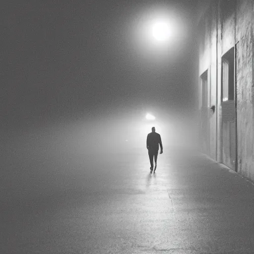 Image similar to A man walks across an empty alleyway at night, lit up by the streetlights on a foggy night and full moon, mysterious, abstract composition, rule of thirds, 35mm photography