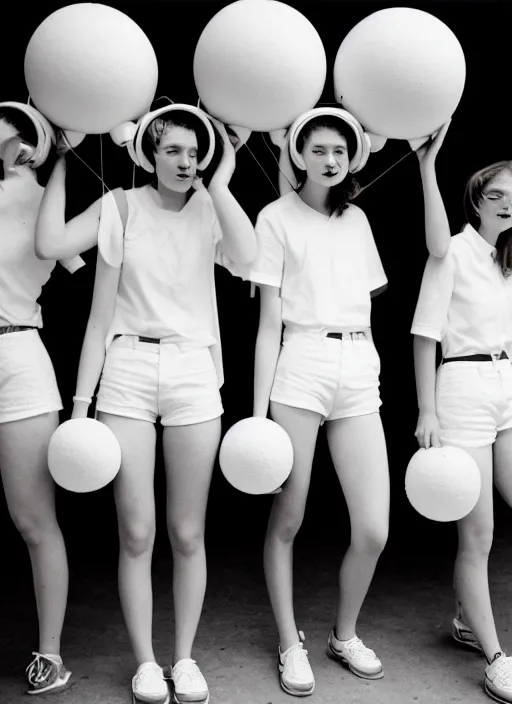 Image similar to realistic photo portrait of the university students wearing white shorts, dressed in white spherical helmets, fashion catwalk 1 9 9 0, life magazine reportage photo