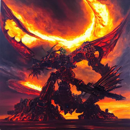 Prompt: giant mech fighting a dragon, battling, fire, in space, scifi, oil painting