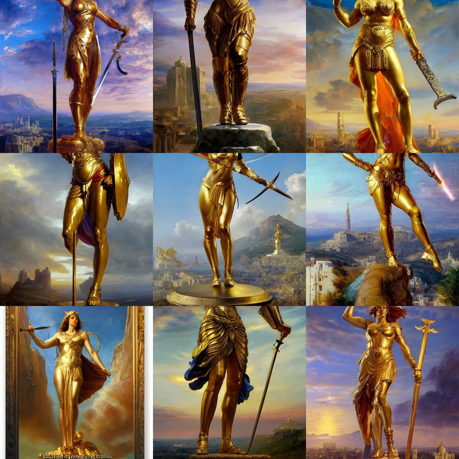 Prompt: greek titan goddess themis, full body golden armor, low view, holding scale and holding sword, distant view, towering over city, by vladimir volegov and alexander averin and delphin enjolras and daniel f. gerhartz