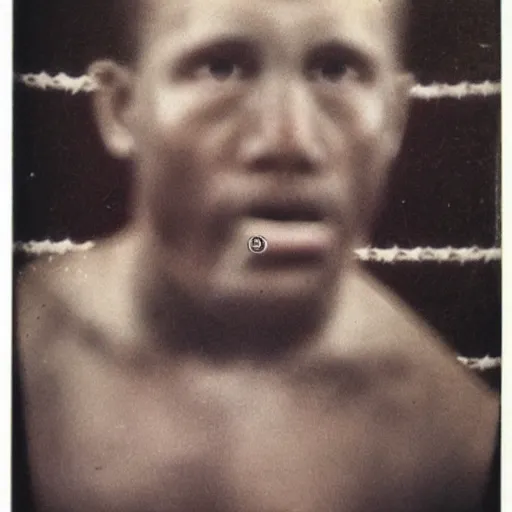 Image similar to face destructed after boxing, 1970 photography, grainy image vintage polaroid