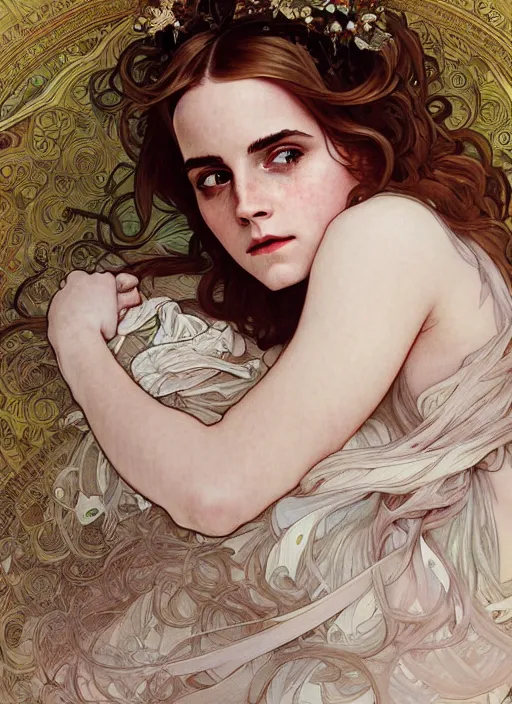 Image similar to Emma Watson as Godness of Sleep, cute, fantasy, intricate, elegant, highly detailed, digital painting, 4k, HDR, concept art, smooth, sharp focus, illustration, art by alphonse mucha,artgerm, H R Giger, beautiful detailed intricate insanely detailed octane render, 8K artistic photography, photorealistic,