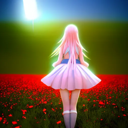 Prompt: anime, advanced digital render, style of final + fantasy + 1 5, cute anime girl with baby pink baby blue long hair wearing a mini skirt standing in a poppy field at night, gaussian blur, city reflection, 8 8 mm lens, lens flare, depth of field, medium shot, rim lights wlop