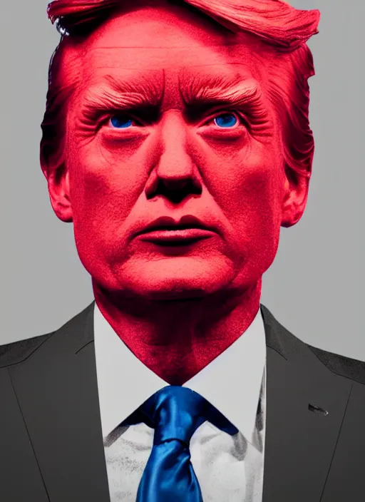 Prompt: a close up of red donald trumps face with blue eyes, an album cover by jacob toorenvliet, featured on behance, cubo - futurism, rendered in cinema 4 d, sketchfab, rendered in maya, red shift, synthwave, by enguerrand quarton, by alesso baldovinetti, 3 d render, holography,