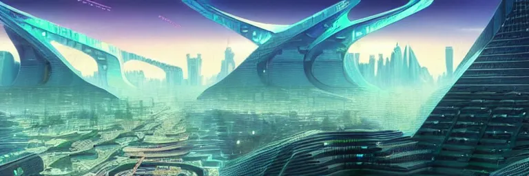 Prompt: a sprawling cybernetic temple, a large hi - tech city, and a river surrounded by fractal mountains, volumetric clouds, cybernetic faces, vaporwave aesthetic, colorful, psychedelic, digital painting, artstation, concept art, smooth, sharp focus, illustration, art by artgerm and greg rutkowski and alphonse mucha