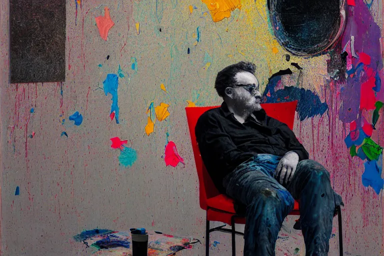 Prompt: portrait of a painter sitting in a chair contemplating, art by james jean and luc tuymans and vincent lefevre and hernan bas and pat steir and hilma af klint, psychological, dripping paint, high quality render, cg society contest winner, retrofuturism, masterpiece