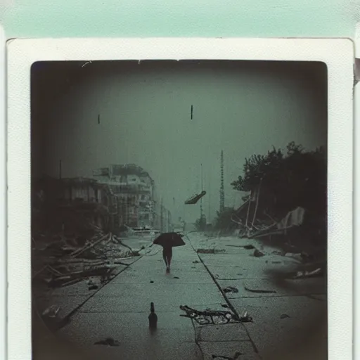 Prompt: old polaroid of a artificial intelligence walking on a destroyed city, rain, dark sky