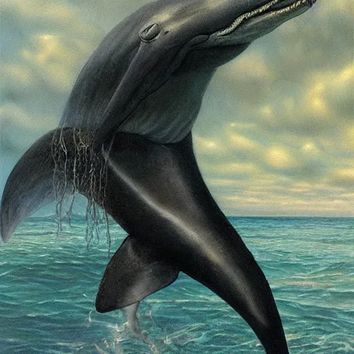 Prompt: a hyper realistic painting of death standing on the back of a dolphin that is jumping over a rainbow, by james c christensen and santiago caruso,