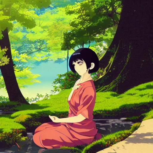 Image similar to anime key visual of a woman with short green hair meditating near a japanese spring by ilya kuvshinov