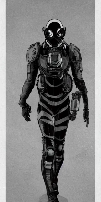 Image similar to full body cinematic shot of a male time traveling intelligence agent in a black and greyscale sealed continuity suit, masculine, simple and functional with gaiter-style gas mask, a mix between splinter cell and metal gear solid by alphonse mucha