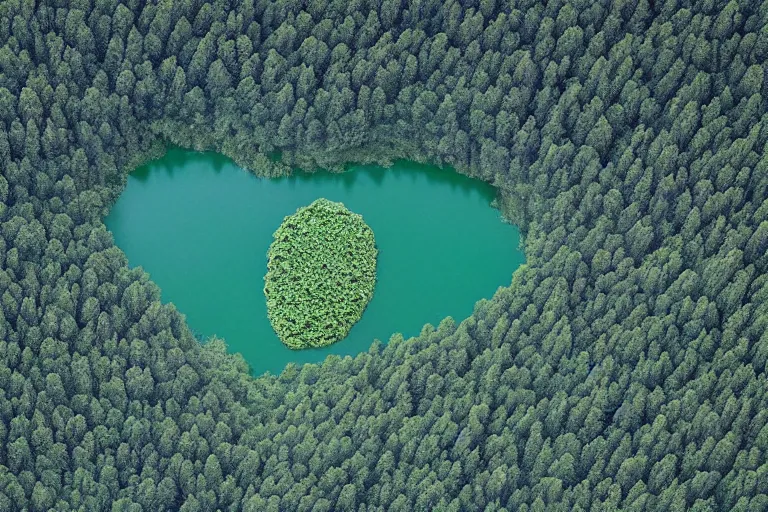 Prompt: a gigantic lake with a detailed heart shape in the middle of a green forest, aerial photography by yann arthus bertrand