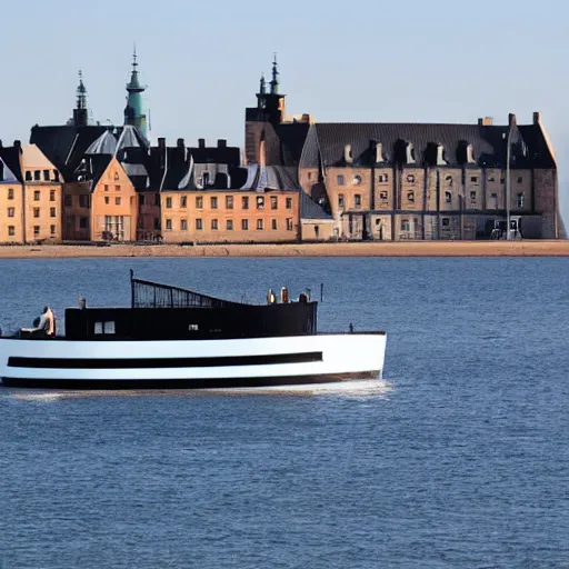 Prompt: a blue white black ferry at the sea outside kronborg castle