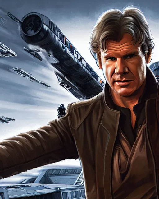 Image similar to portrait of han solo on the millennium falcon, harrison ford,, star wars, gta v, hyper realistic, ambient lighting, concept art, intricate, hyper detailed, smooth, action, volumetric lighting, george lucas, ralph mcquarrie, octane