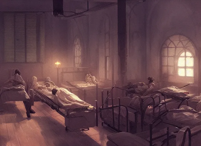 Image similar to 1 8 5 4 crimean war, army hospital in scutari at night, wounded patients in beds on both sides of hospital ward, dark, grimy, finely detailed perfect art, painted by greg rutkowski makoto shinkai takashi takeuchi studio ghibli