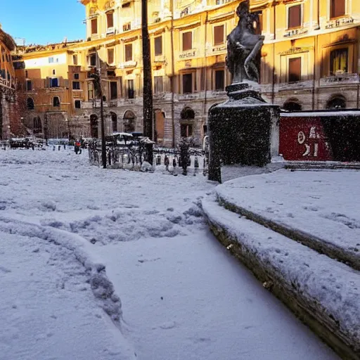 Prompt: The city of Rome under the snow on August. It's snowing everywhere on the entire cityscape of Rome under a blue sky and a very hot sun. It's crazy hot.