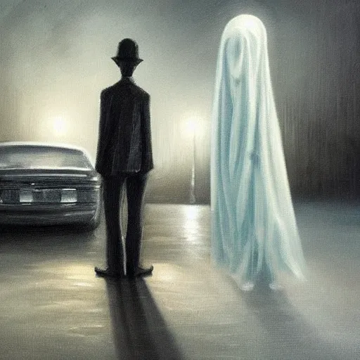 Image similar to ominous bedsheet ghost standing in front of a cars headlights late at night, oil painting, brush strokes, highly ornate intricate detail, gloomy mood,
