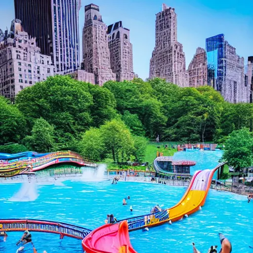 Image similar to highly detailed photo of a large water park with numerous slides and water rides inside of central park. the new york city skyline is shown in the background.