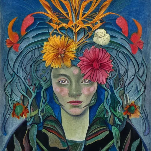 Image similar to a masterpiece painting of a facemask made of stylized flowers, by evelyn de morgan and diego rivera and john watkiss and annie swynnerton, art deco shaman, art brut, symbolist, dramatic cinematic lighting, god rays, iridescent beetles, clean crisp graphics, smooth sharp focus, extremely detailed