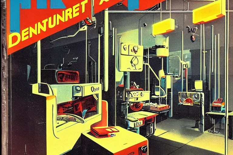 Image similar to 1979 OMNI Magazine Cover of a denture laboratory. in cyberpunk style by Vincent Di Fate