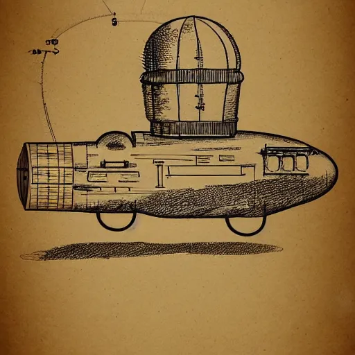 Prompt: technical drawing of a steampunk airship on parchment paper