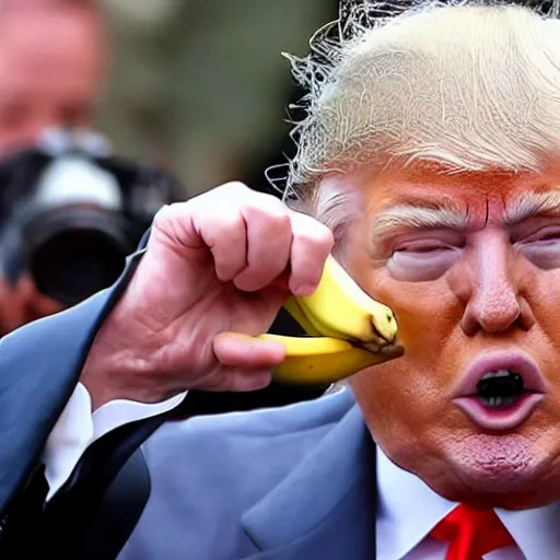 Prompt: a paparazzi photograph of donald trump eating a banana