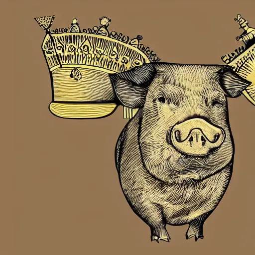 Image similar to pig wearing a gold crown on it's head Shepard Fairey, zoomed out, detailed, technical drawing, sketch, inked, 8k