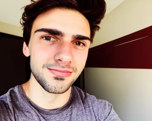 Prompt: A young man with big round brown eyes, medium length brown hair, a roman nose, oval face, wearing a maroon t-shirt, clean shaven, HD selfie