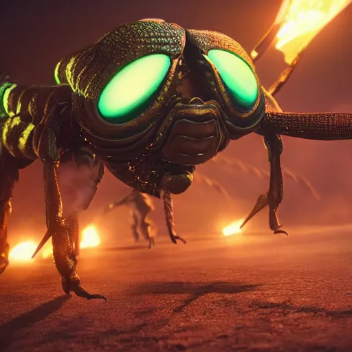 Image similar to highly detailed octane render of giant glowing insects chasing short fat men with giant beards who each hold a gun and wear armour. Depth of field