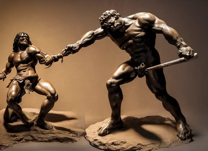 Image similar to a full figure rubber sculpture of a small conan the barbarian fighting a giant troll, by Michelangelo, dramatic lighting, rough texture, subsurface scattering, wide angle lens