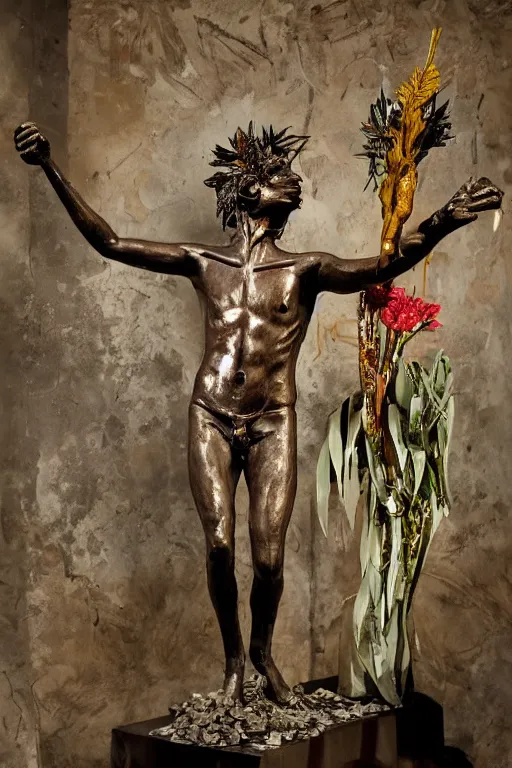 Image similar to Jean-Michel Basquiat as a bronze full-body statue of Icarus spreading his arms and arching his back for flight, glowing quartz crystal skull, wreath of ferns, flowing sakura-colored silk, fabric, flowers. baroque elements, human skull. full-length view. baroque element. intricate artwork by caravaggio. many many birds birds on background. Trending on artstation. halo. octane render, cinematic, hyper realism, octane render, 8k, depth of field, 3D