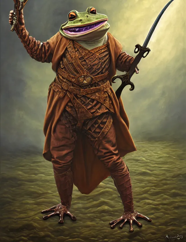 Image similar to anthropomorphic bipedal frog that is dressed as a renaissance fighter, and holding a zweihander, as a matte oil painting and d & d character art, by alex grey, standing, fullbody, floating bubbles, mystic, fog, fractals, spirals, concept art, award - winning, extremely detailed, sharp focus