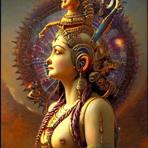 Image similar to detailed potrait of hindu god shiva with hightec vr headset steampunk head armour, girl graceful,, painting by gaston bussiere, craig mullins, j. c. leyendecker, lights, art by ernst haeckel, john william godward, hammershøi,,