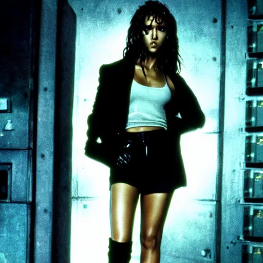 Prompt: jessica alba photograph by ridley scott, sexy black shorts, wearing black boots, wearing a cropped top, 4 k quality, blade runner, highly detailed, realistic, intense, cyberpunk