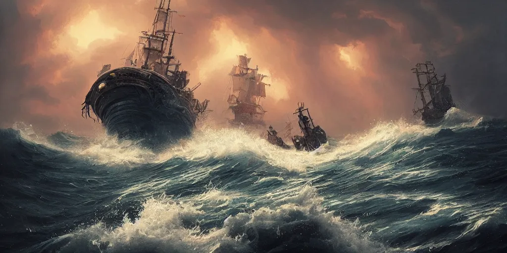 Prompt: Kraken attacking a pirate vessel as it sails on wild ocean waters during a thunderstorm, crashing waves, 4k, cozy wallpaper, trending on Artstation, award-winning, art by Greg Rutkowski, by Dan Mumford