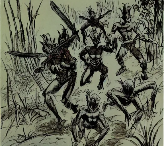 Prompt: four adventurers are chased through the woods, by a group of mantis men, pen and ink, by frank Frazetta