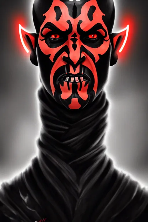 Prompt: a portrait of the darth maul, cyberpunk, grim - lighting, high - contrast, intricate, elegant, highly detailed, digital painting, artstation, concept art, smooth, sharp focus, illustration