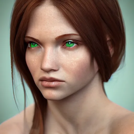 Image similar to photograph of a cute woman with long shiny bronze brown hair and green eyes, 8k, medium shot, by Irakli Nadar, hyperreal, trending on artstation