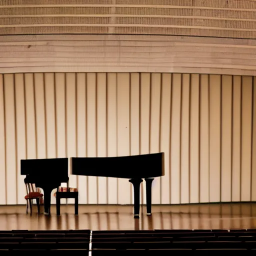 Prompt: a plain slender humanoid robot playing a piano in a large empty concert hall. Distance shot, spotlight, dramatic lighting, award winning photo, serious mood, trending