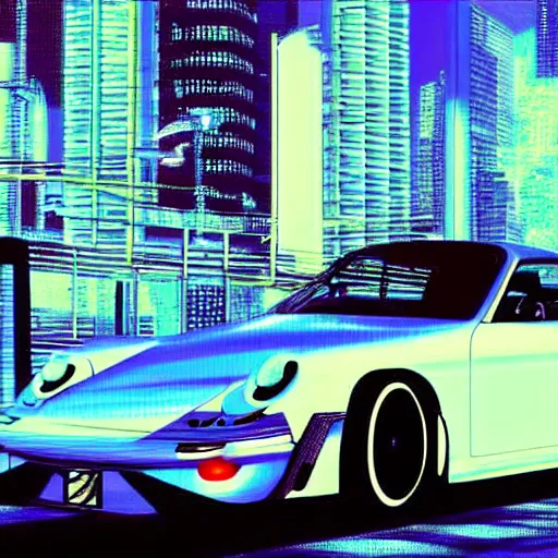 Image similar to vaporwave tokyo yakuza in suit driving in porche sports car driving at night city in background