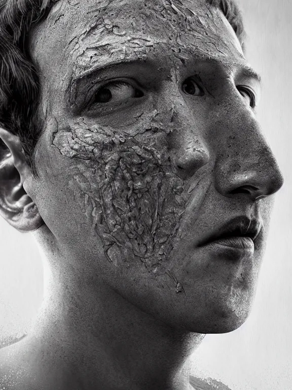 Image similar to portrait of a mark zuckerberg, skin peeling away to reveal reptile skin, art by ryo shiotani and greg rutkowski, intricate, beautiful, cinematic lighting, vintage art by serge ivanoff, high resolution, very detailed