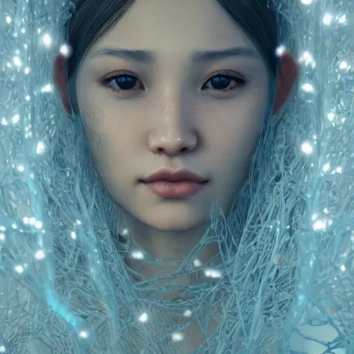 Image similar to intricate highly detailed face portrait of asian - european woman, light blue water vines on her face, intricate, cgsociety, unreal engine, octane render, sharp focus, smooth, volumetric lighting, cinematic composition, artstation