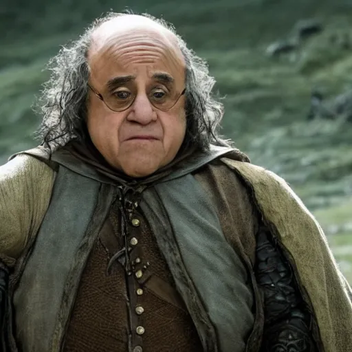 Image similar to movie still of danny devito starring as aragon in the 2 0 2 6 lord of the rings movie, with hat, full body