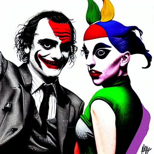 Prompt: mimmo rottela and banksy as joaquin phoenix skinny joker holding hand lady gaga harley queen, ultra photorealistic, intricate details, pop art style, baroque, hyperdetailed, concept art, ultrarealistic, 3 colors, smooth, sharp focus