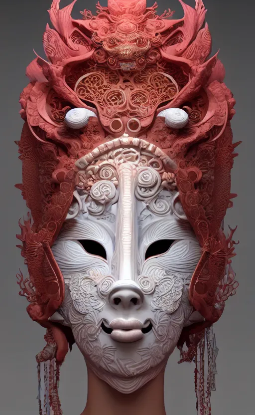 Image similar to 3 d goddess medium shot profile portrait. beautiful intricate highly detailed korean gumiho mask and traditional korean hanbok. stingray, magpie, bio luminescent, plasma, lava, ice, water, wind, creature, artwork by tooth wu and wlop and beeple and greg rutkowski, trending on artstation,